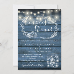 Blue Wood Mason Jars String Lights Couples Shower Invitation