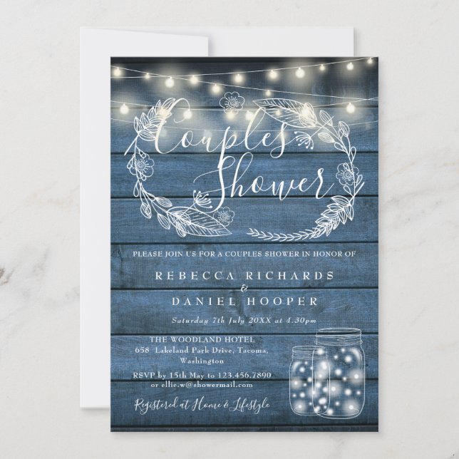 Blue Wood Mason Jars String Lights Couples Shower Invitation (Front)