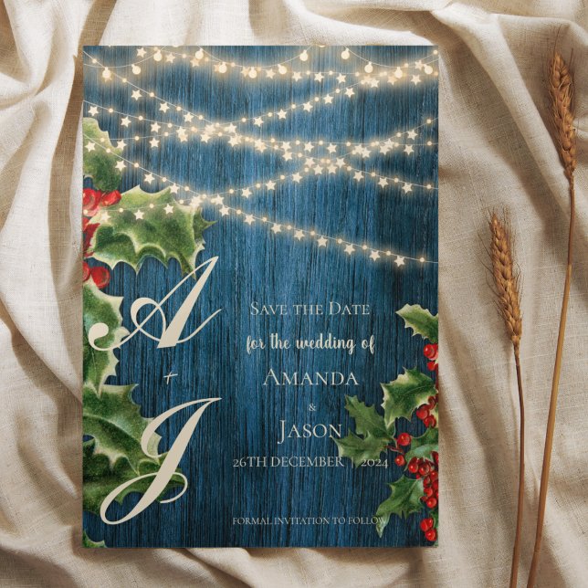 Blue Wood Monogram Christmas Wedding Save The Date Announcement Postcard (Blue Wood Monogram Christmas Wedding Save The Date Announcement Postcard)