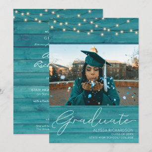 Blue Wood Photo Typography Graduation Announcemet Invitation