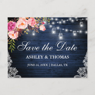 Blue Wood Pink Floral Jar Lights Save the Date Announcement Postcard