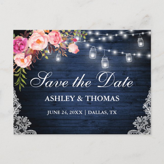 Blue Wood Pink Floral Jar Lights Save the Date Announcement Postcard (Front)