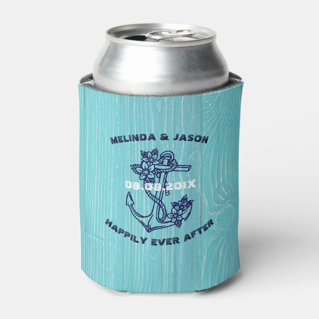 Blue Wood Planks Dark Blue Nautical Boat Anchor Can Cooler (Can Front)