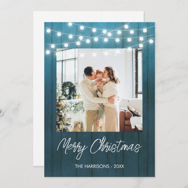 Blue Wood Plate String Lights Photo Christmas Holiday Card (Front/Back)