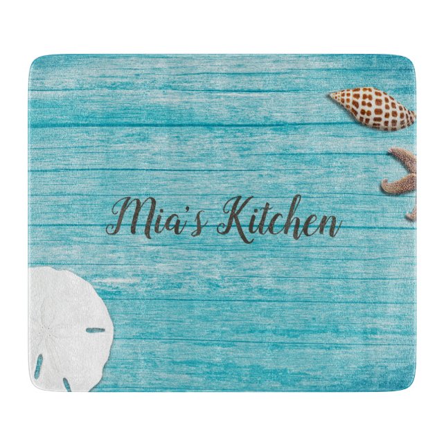 Blue Wood Seashells Custom Wording Cutting Board (Front)
