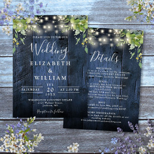 Blue Wood String Light Greenery Details Wedding Invitation