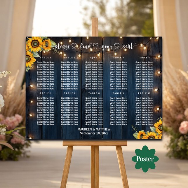 Blue Wood String Lights 10 Tables Wedding Seating Poster (Creator Uploaded)