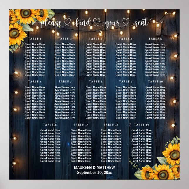 Blue Wood String Lights 14 Tables Wedding Seating Poster (Front)