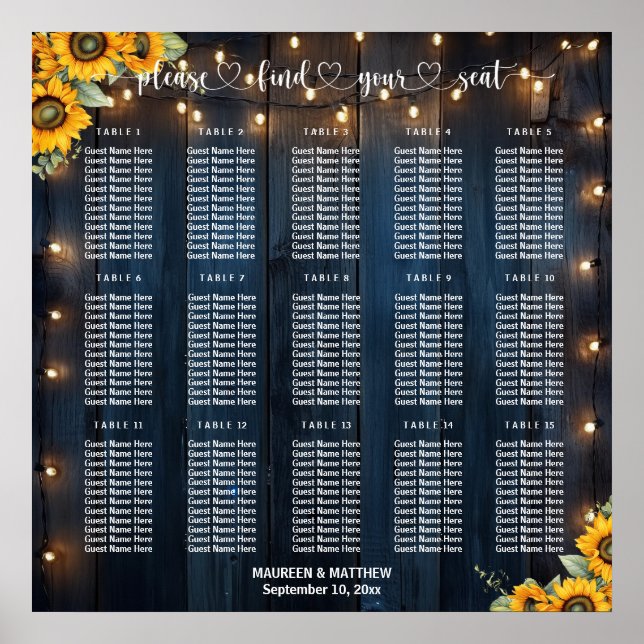 Blue Wood String Lights 15 Tables Wedding Seating Poster (Front)