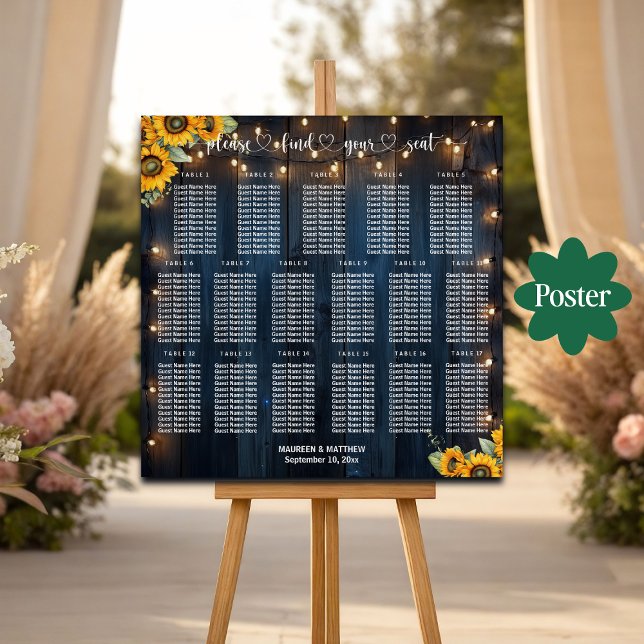 Blue Wood String Lights 17 Tables Wedding Seating Poster (Creator Uploaded)
