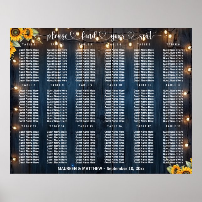 Blue Wood String Lights 18 Tables Wedding Seating Poster (Front)