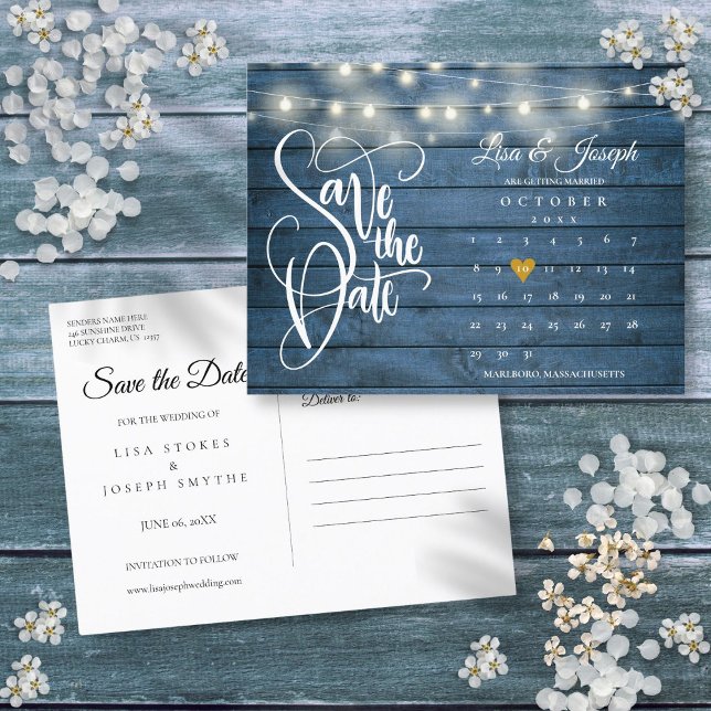 Blue Wood String Lights Calendar Save the Date Announcement Postcard (Blue Wood String Lights Calendar Save the Date Announcement Postcard)