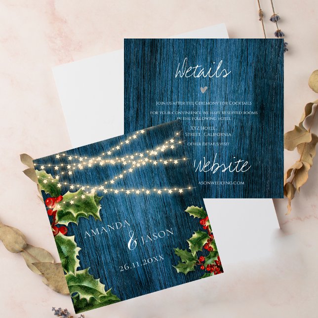 Blue Wood String Lights Christmas Wedding Details Enclosure Card (Blue Wood String Lights Christmas Wedding Details Enclosure Card)