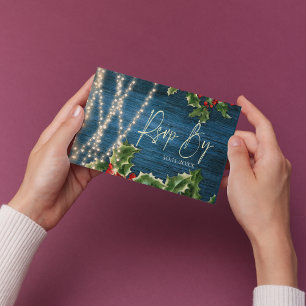 Blue Wood String Lights Christmas Wedding RSVP