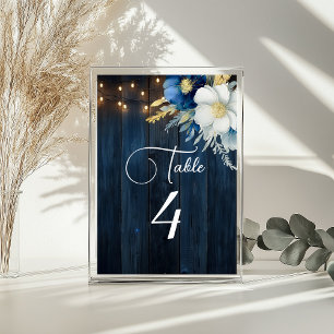 Blue Wood String Lights Floral Table Number