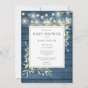Blue Wood String Lights Greenery Baby Shower Invitation