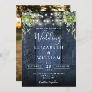 Blue Wood String Lights Greenery Photo Wedding Invitation