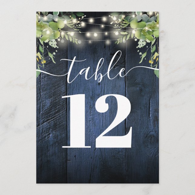 Blue Wood String Lights Greenery Table Number (Front)