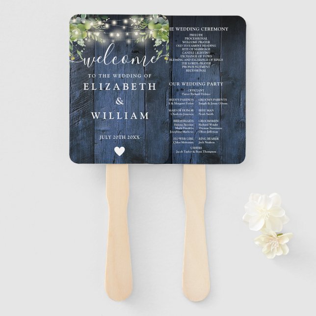 Blue Wood String Lights Greenery Wedding Program Hand Fan (Front and Back)