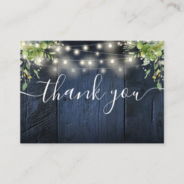Blue Wood String Lights Greenery Wedding Thank You Place Card (Front)