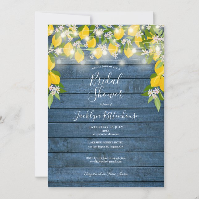 Blue Wood String Lights Lemons Bridal Shower Invitation (Front)