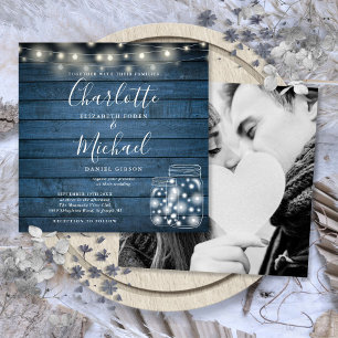 Blue Wood String Lights Mason Jar Wedding Photo Invitation