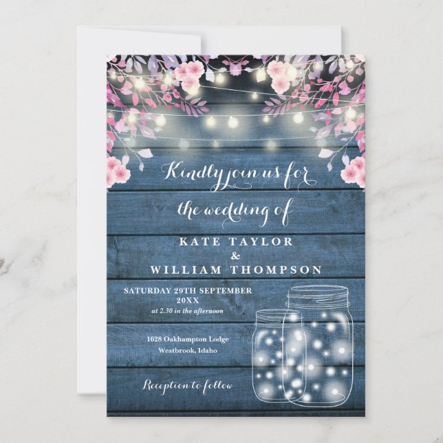 Blue Wood String Lights Mason Jars Floral Wedding Invitation (Front)