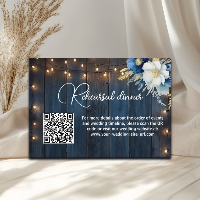Blue Wood String Lights QR Code Rehearsal Dinner Enclosure Card (Creator Uploaded)