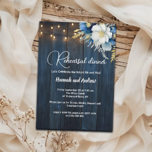 Blue Wood String Lights 'Rehearsal dinner' Wedding Invitation
