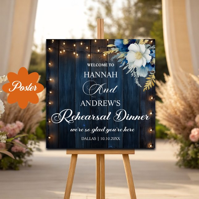 Blue Wood String Lights Rehearsal Dinner Welcome Poster (Creator Uploaded)