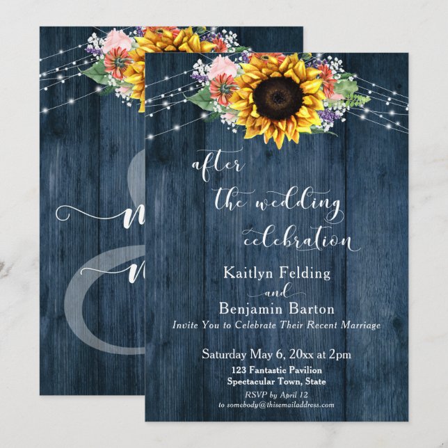 Blue Wood Sunflower After the Wedding Celebration Invitation (Front/Back)