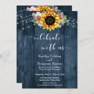 Blue Wood Sunflower Lights Celebrate with Us Invitation