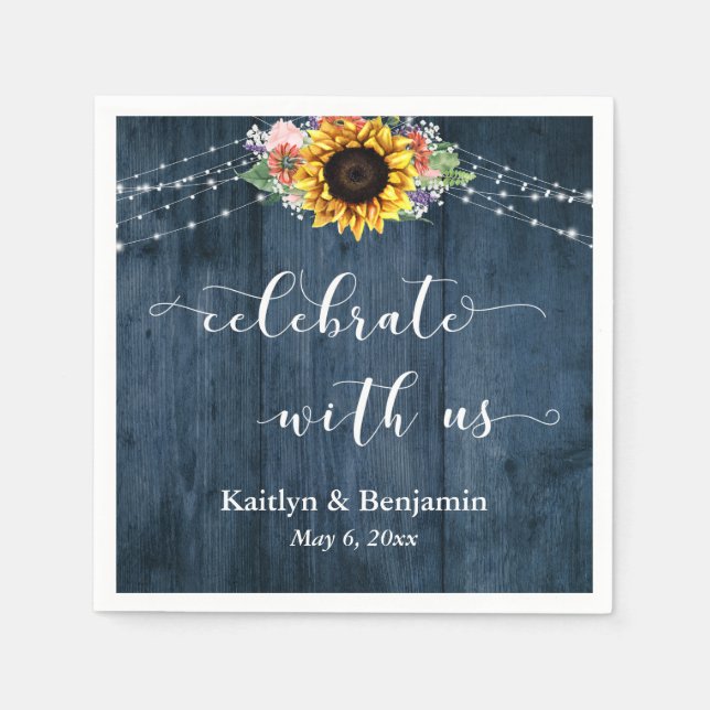 Blue Wood Sunflower Lights Celebrate with Us Napkin (Front)