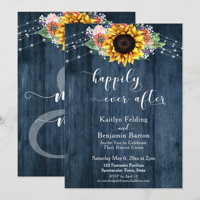 Blue Wood Sunflower Lights Happily Ever After Invitation (Front/Back)
