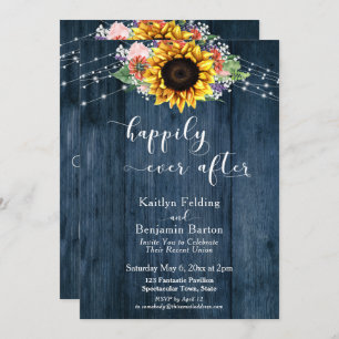 Blue Wood Sunflower Lights Happily Ever After Invitation