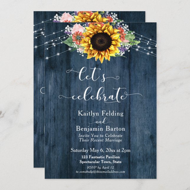 Blue Wood Sunflower Lights Let's Celebrate Invitation (Front/Back)