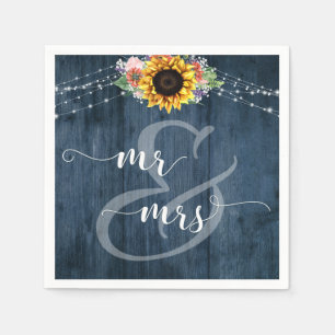 Blue Wood Sunflower Lights Mr and Mrs Napkin