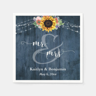 Blue Wood Sunflower Lights Mr and Mrs Napkin
