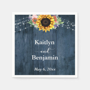 Blue Wood Sunflower Lights Names & Date Napkin