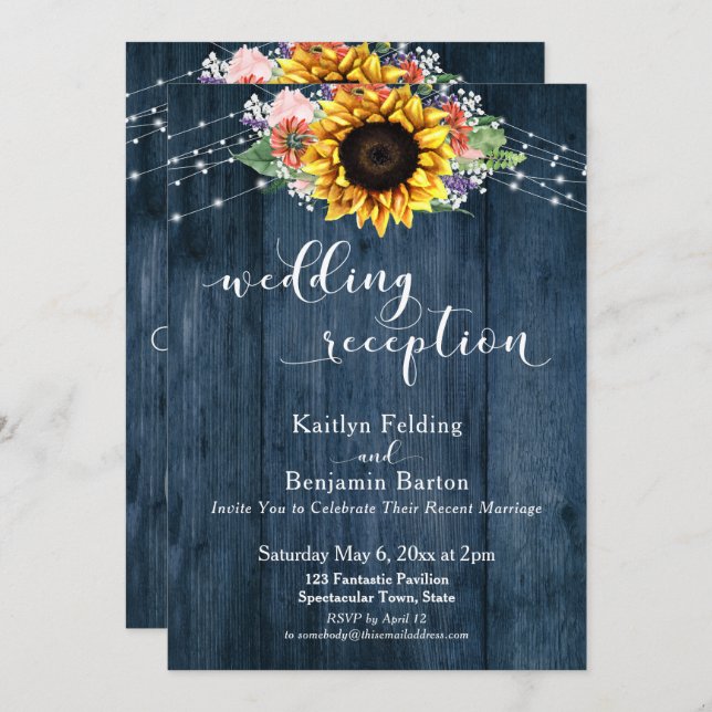 Blue Wood Sunflower Lights Wedding Reception Invitation (Front/Back)