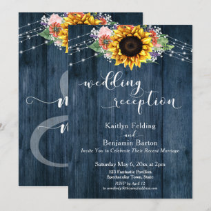 Blue Wood Sunflower Lights Wedding Reception Invitation