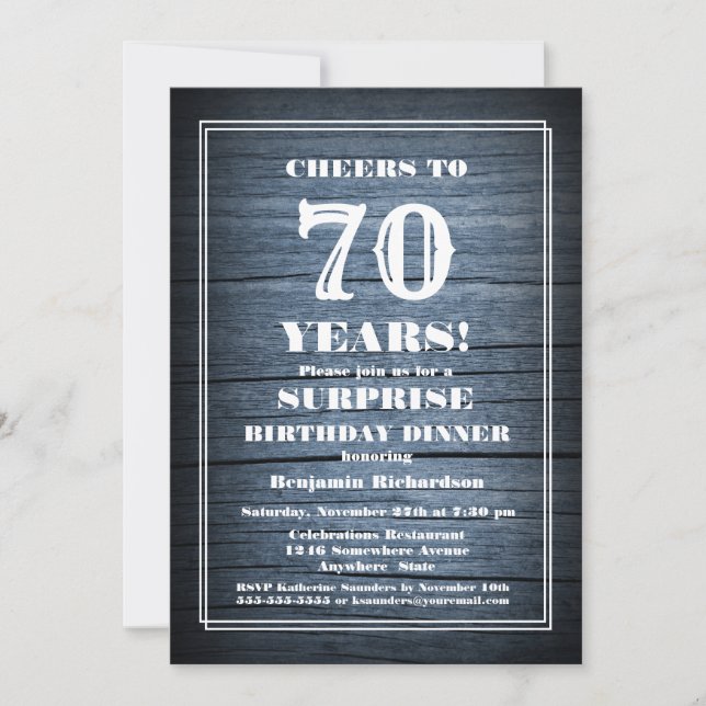 Blue Wood Surprise 70th Birthday Dinner Party Invitation (Front)