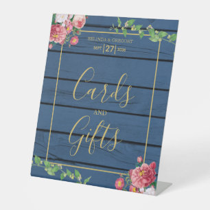 Blue Wood Vintage Roses & Gold Wedding Cards Gifts Pedestal Sign