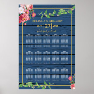 Blue Wood Vintage Roses Gold Wedding Seating Chart