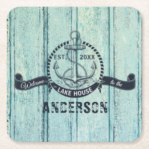 Blue Wood Welcome to the Lake House Square Paper Coaster