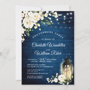 Blue Wood White Roses Lantern Engagement Party Invitation