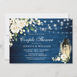 Blue Wood White Roses Lantern Rustic Couple Shower Invitation