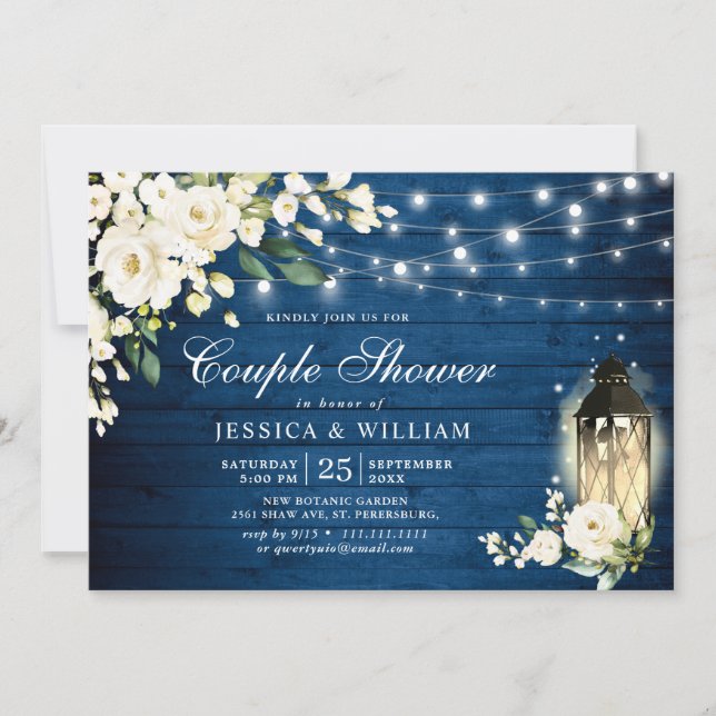 Blue Wood White Roses Lantern Rustic Couple Shower Invitation (Front)