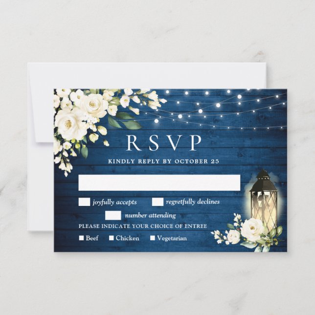 Blue Wood White Roses RSVP Card with Meal Choice (Front)