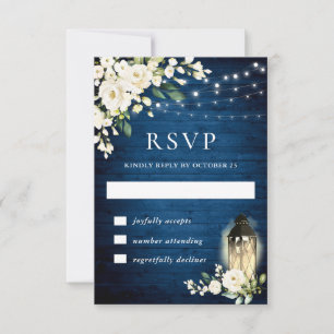 Blue Wood White Roses Rustic Light RSVP Card